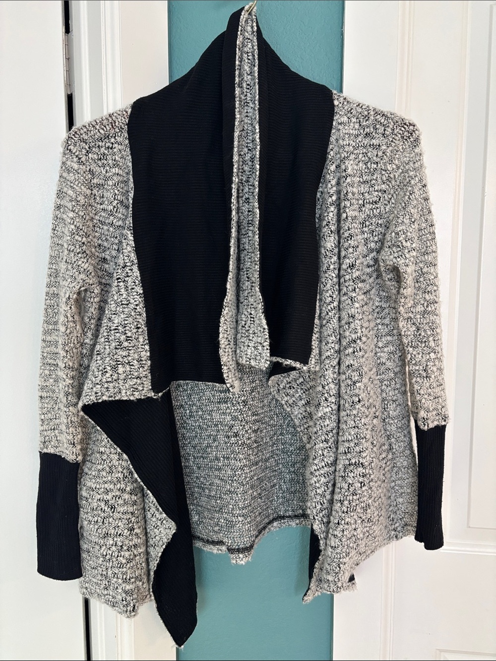 Bar III Two-Tone Black and Gray Open-Front Drape Cardigan